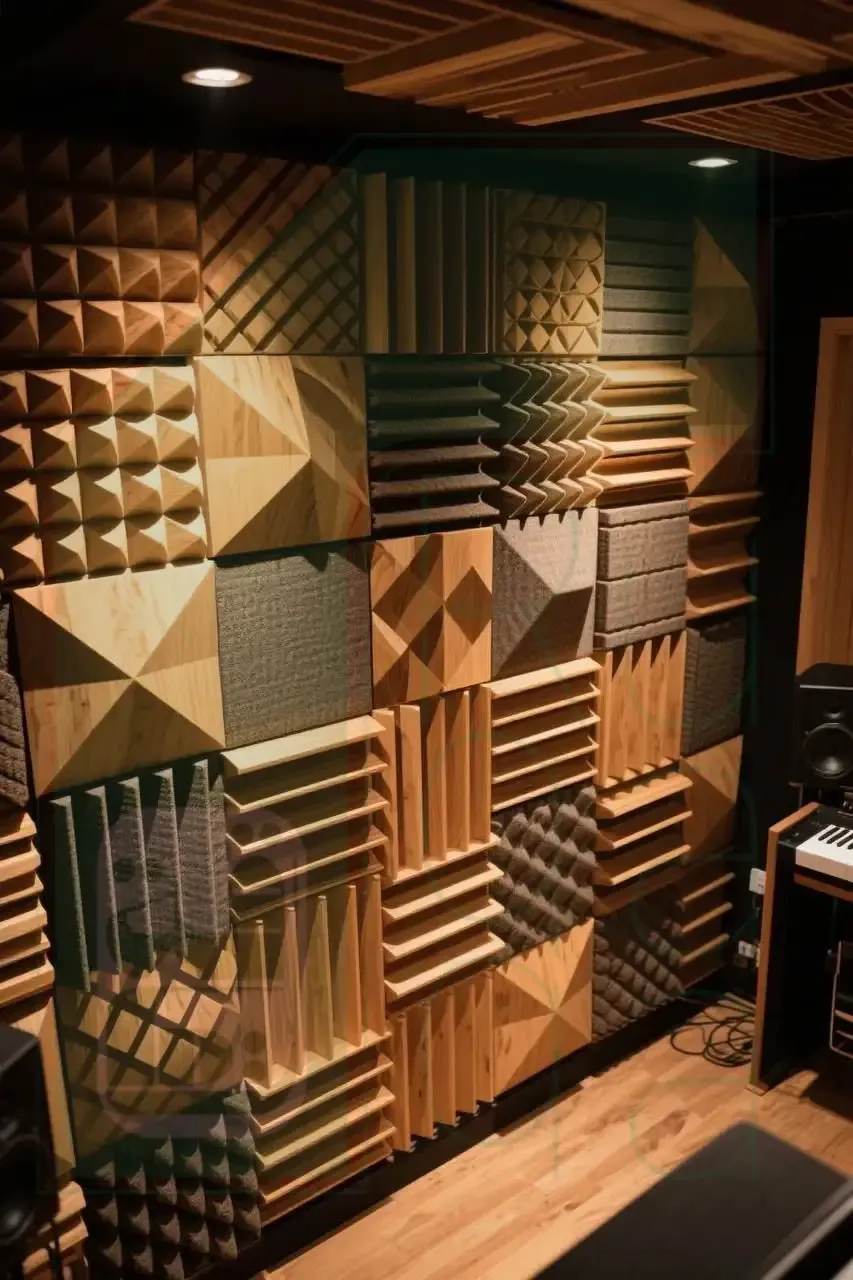 Ruqaqa acoustic treatment on a studio wall — wooden 3D diffuser blocks mixed with grey foam wedge panels for echo control