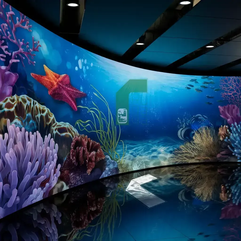 Ruqaqa flexible curved LED screen displaying an immersive underwater coral-reef scene