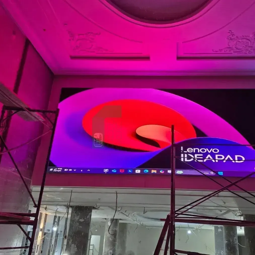 Ruqaqa indoor flat LED screen in a lobby displaying brand content