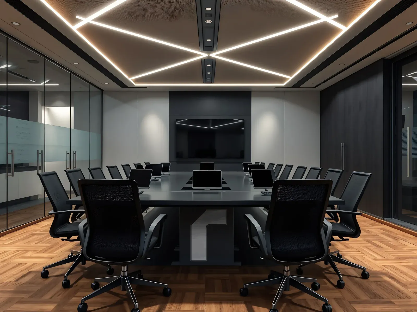 Modern meeting room with integrated lighting, a display and participant workstations
