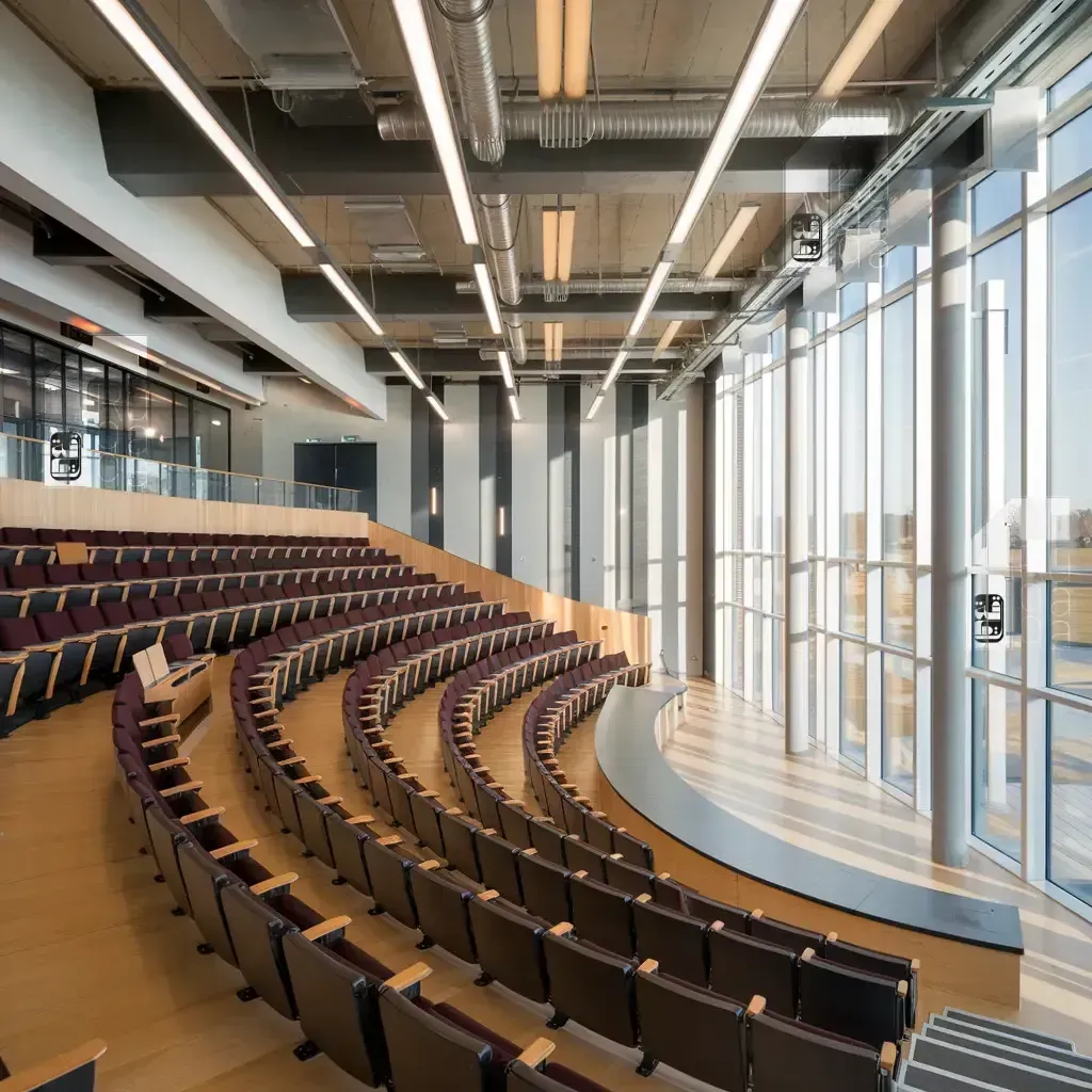 University lecture auditorium with curved tiered seating, a glass facade and linear ceiling lighting