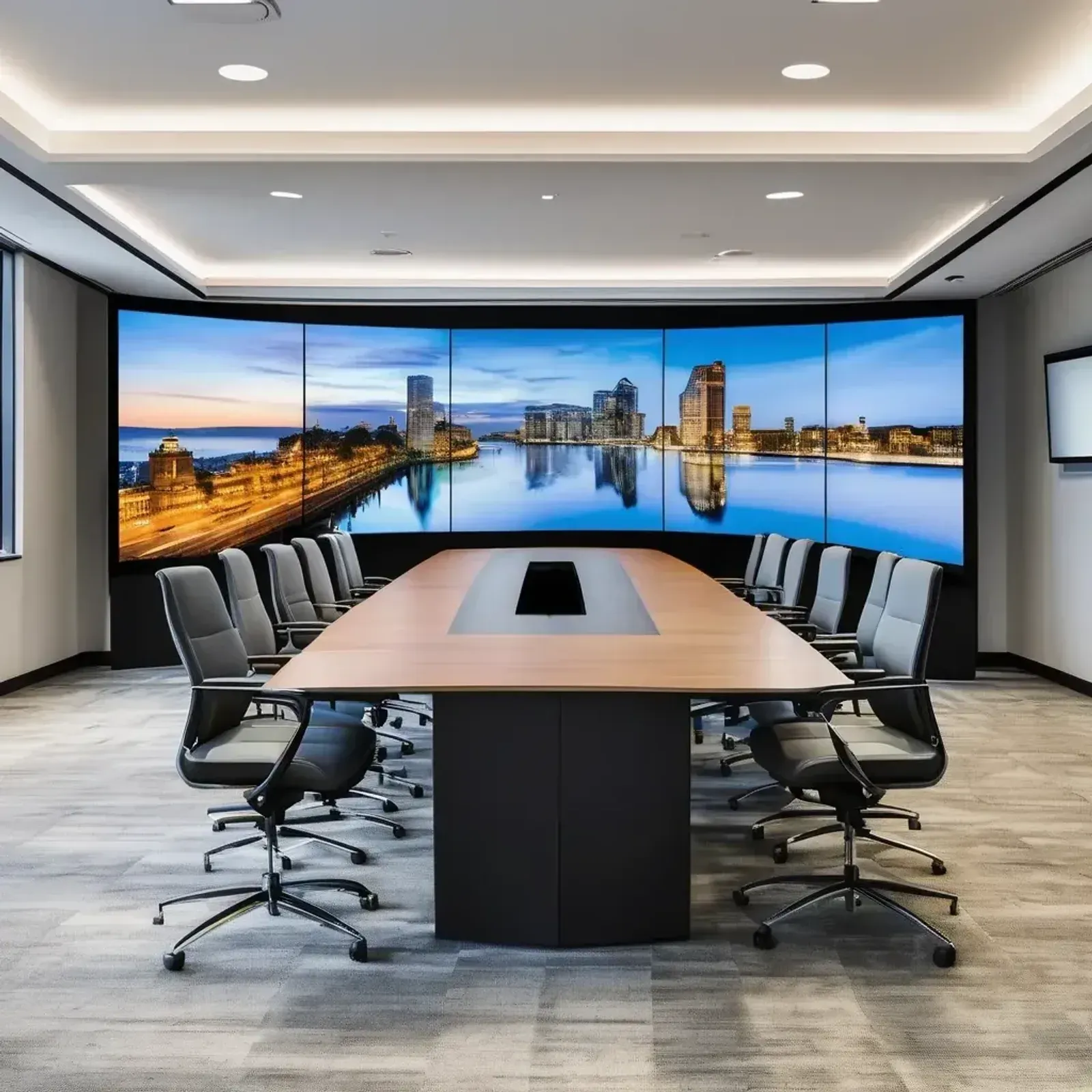 Narrow-bezel LCD video wall of multiple panels displaying one unified image
