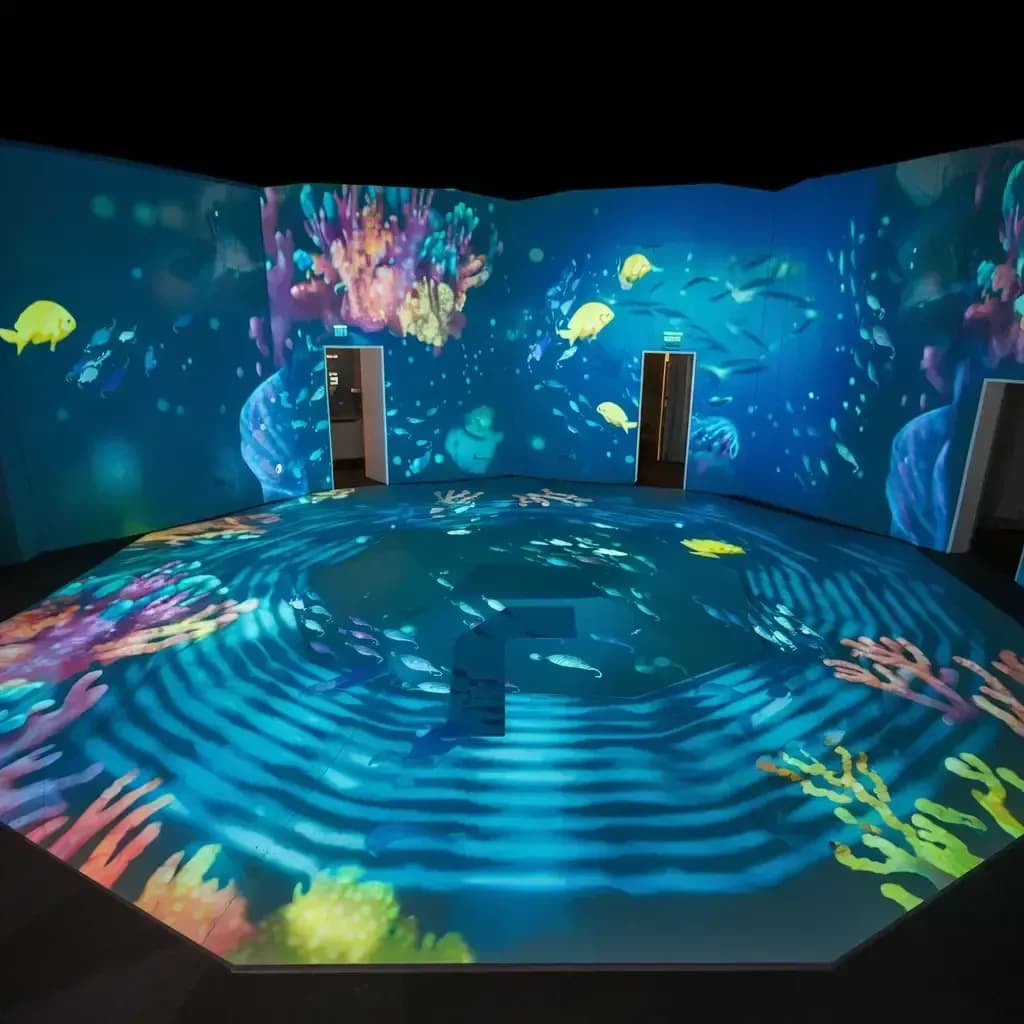 floor led display and video wall displays that display some fishes in water and nice sea creatures and plants.